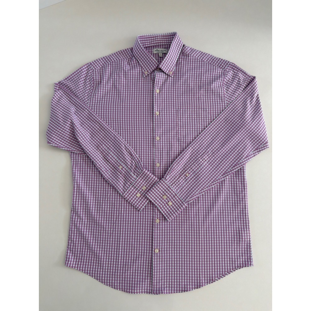 Peter Millar Summer Comfort Mens Large Purple Gingham Check Button Down Shirt